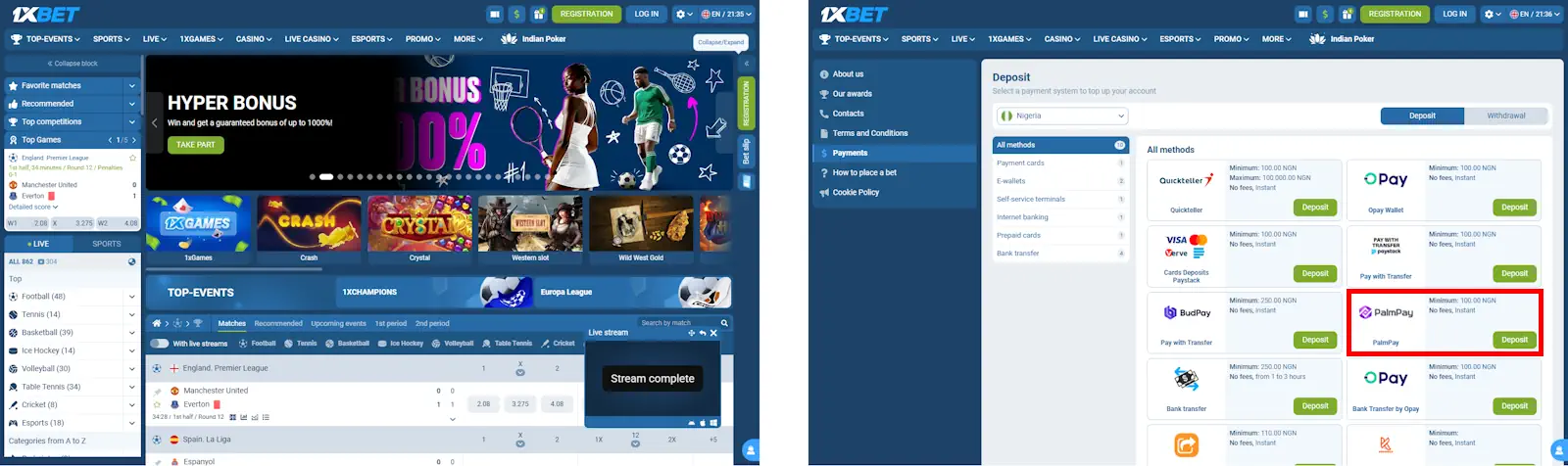 1xBet Homepage and Palmpay Screenshot